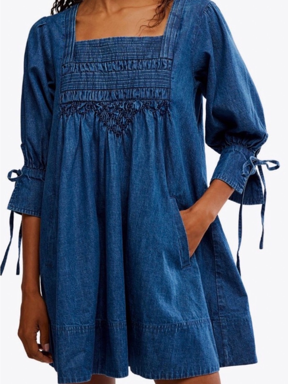 Free People Indigo Denim Smocked Square-Neck Mini Dress